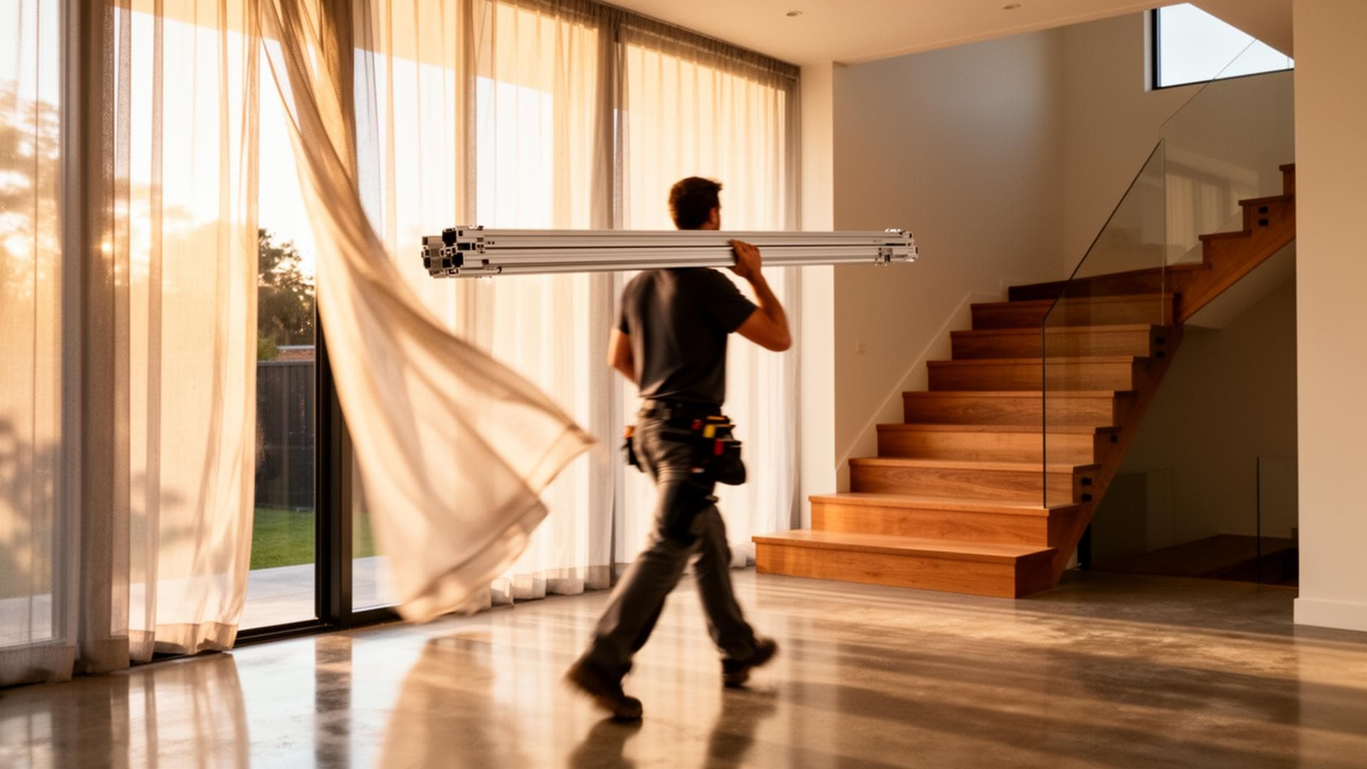 Installer carrying an aluminium blind rail through a sunlit Melbourne home