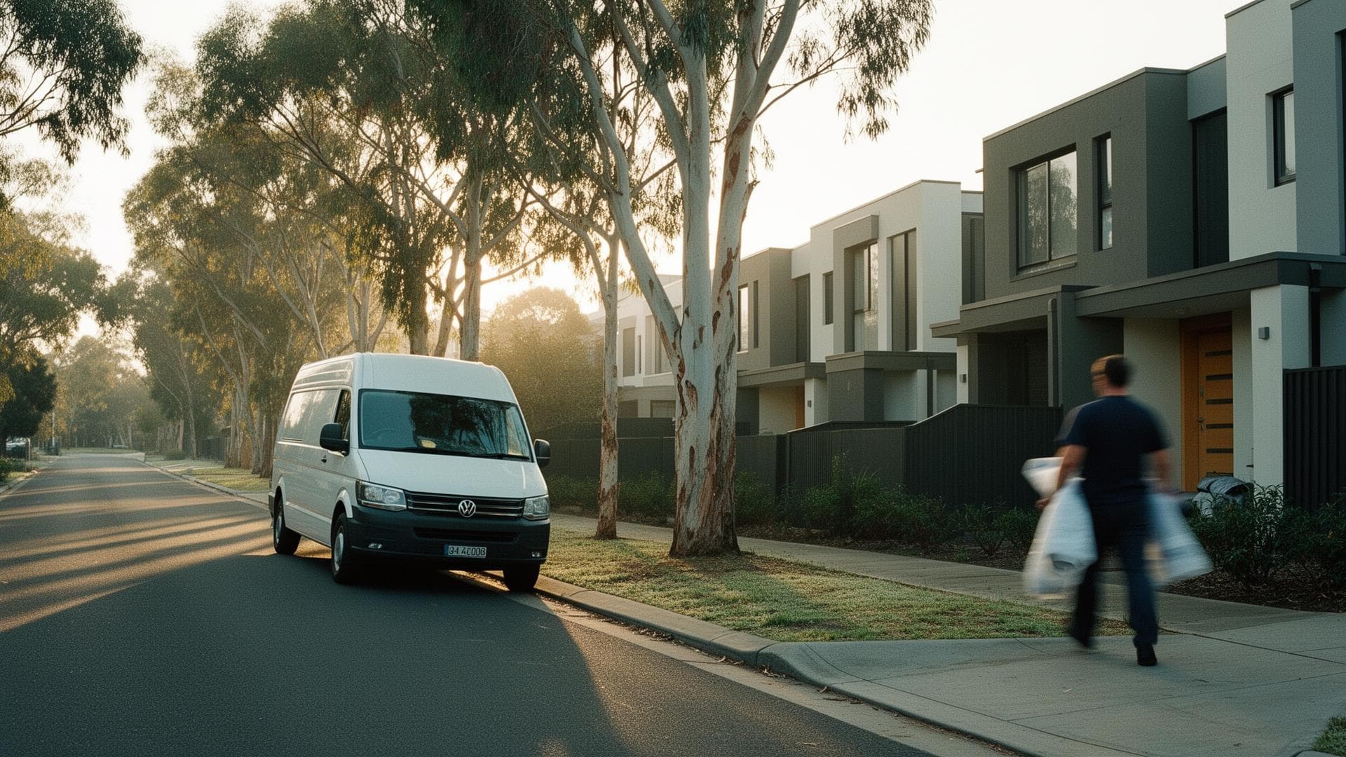 Tradesman walking toward a contemporary Melbourne townhouse at dawn