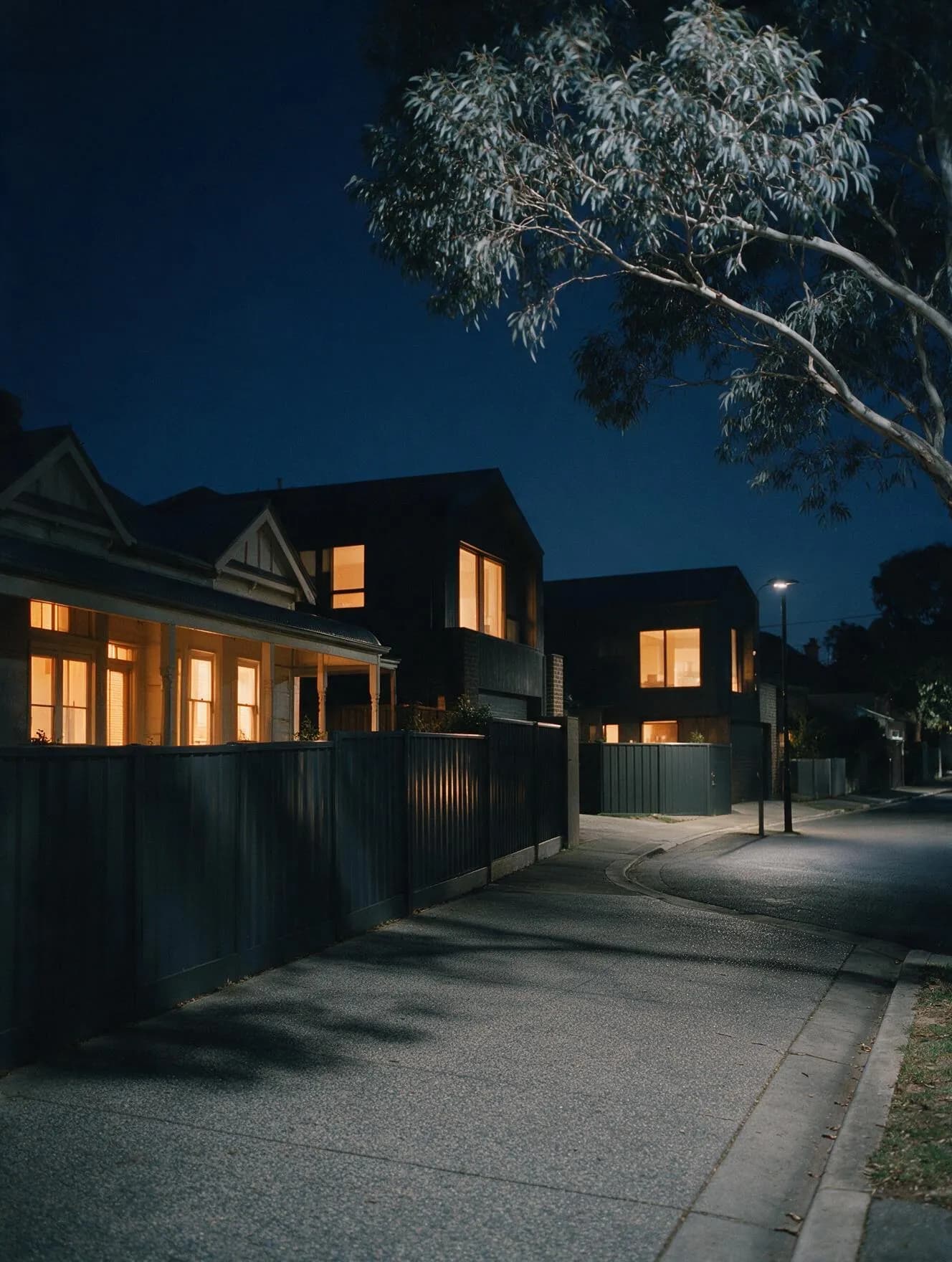 Melbourne dining room at dusk with sheer curtains