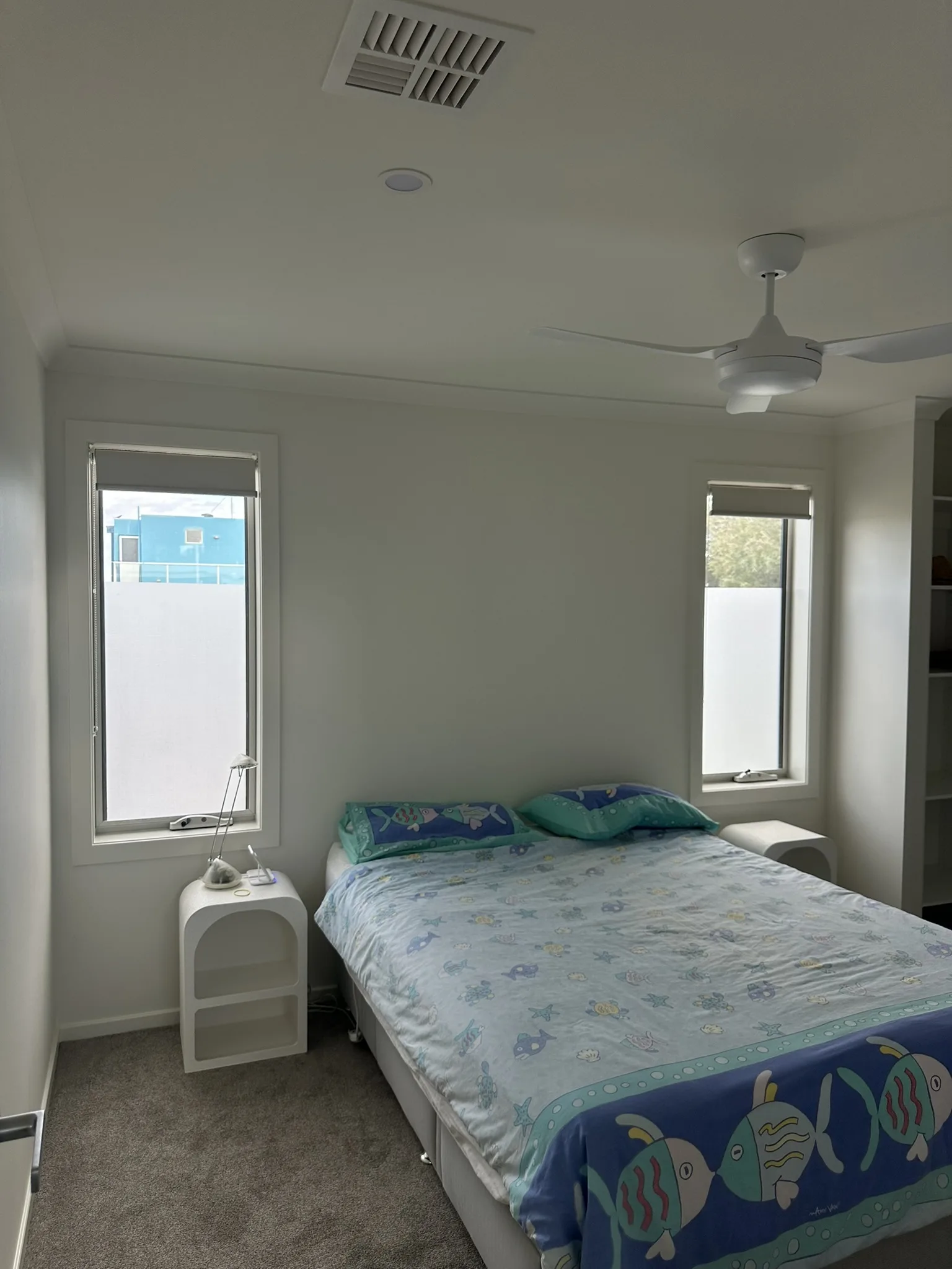 Frosted window film installed across bathrooms and bedrooms in a coastal Torquay home, delivering full privacy without sacrificing natural light or the home's bright, open feel.