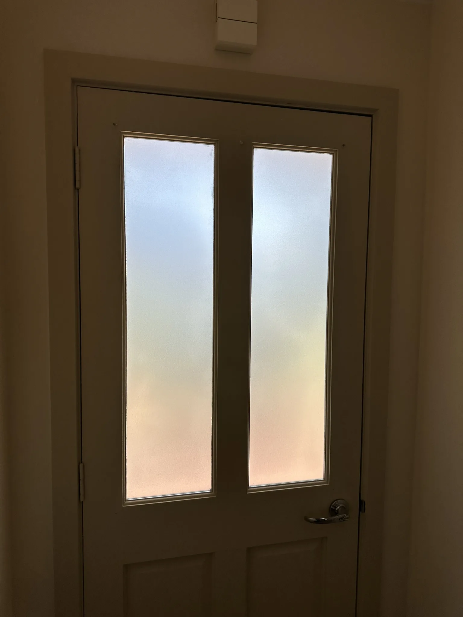 Frosted film applied to both glazed panels of a French entry door during a Vermont renovation. The door looks straight down the front path, so anyone at the step could see through the house. The film obscures the view in both directions while keeping the entry bright, and the photos show the door part-way through the job with one panel done and one still clear.