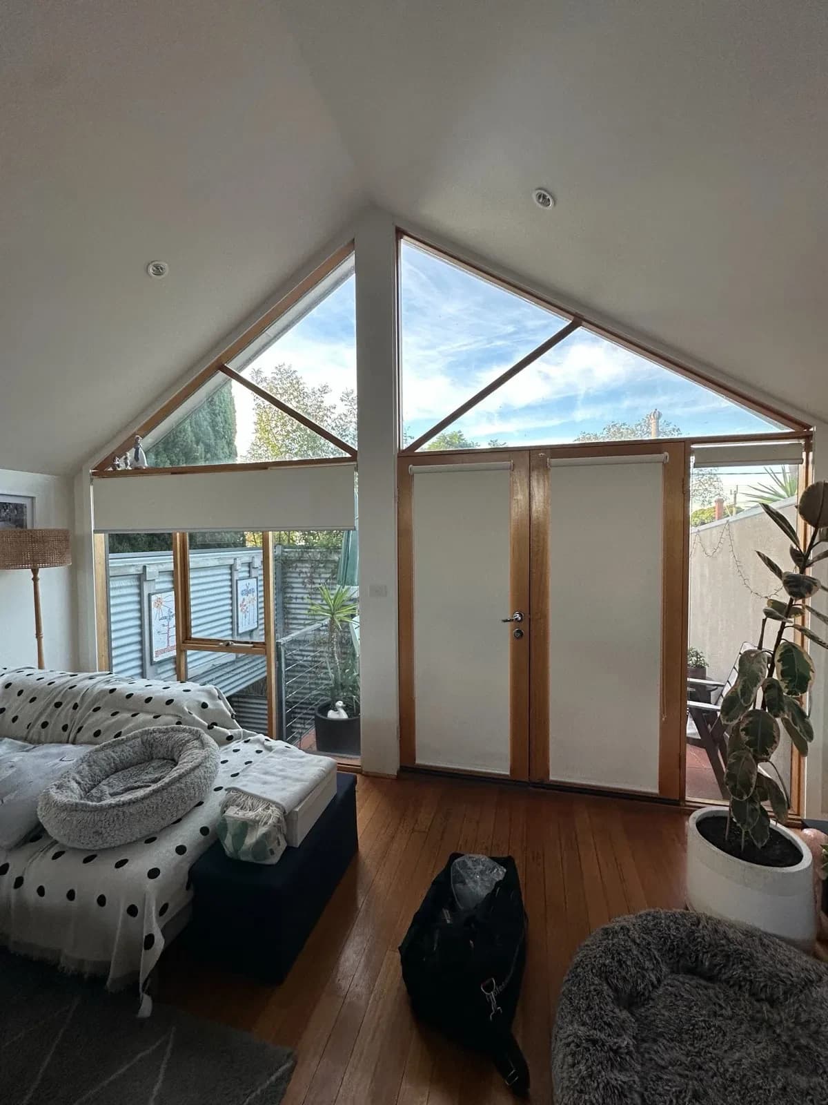 Frosted privacy film fitted to timber-frame windows in an older weatherboard home. Interior view showing light diffusion.